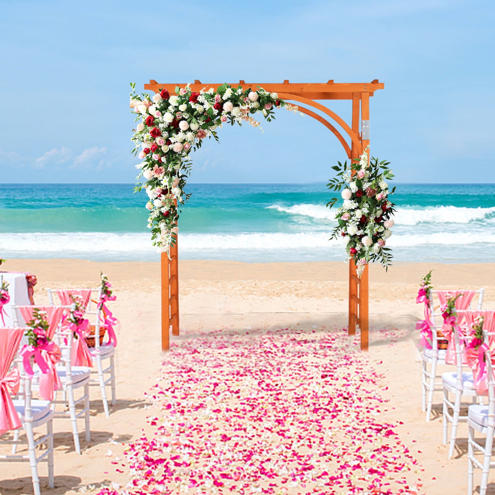 Outdoor Wooden Cedar Arbor Arch Pergola Trellis Garden Yard Lattice, Teak Color