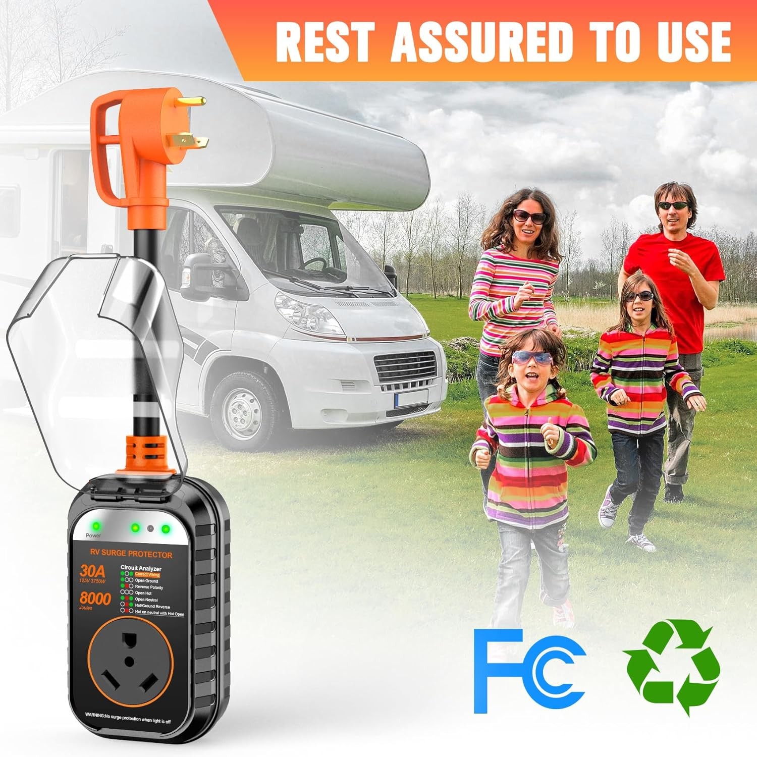 30 Amp RV Surge Full Protector With Weatherproof Cover 8000 Joules Power Adapter