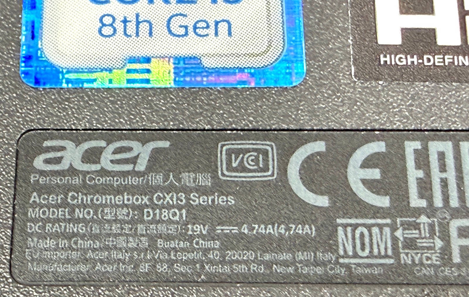 Acer Chromebox CXI3 1.6GHz Core i5-8250U 8GB RAM 64GB SSD ChromeOS Desktop