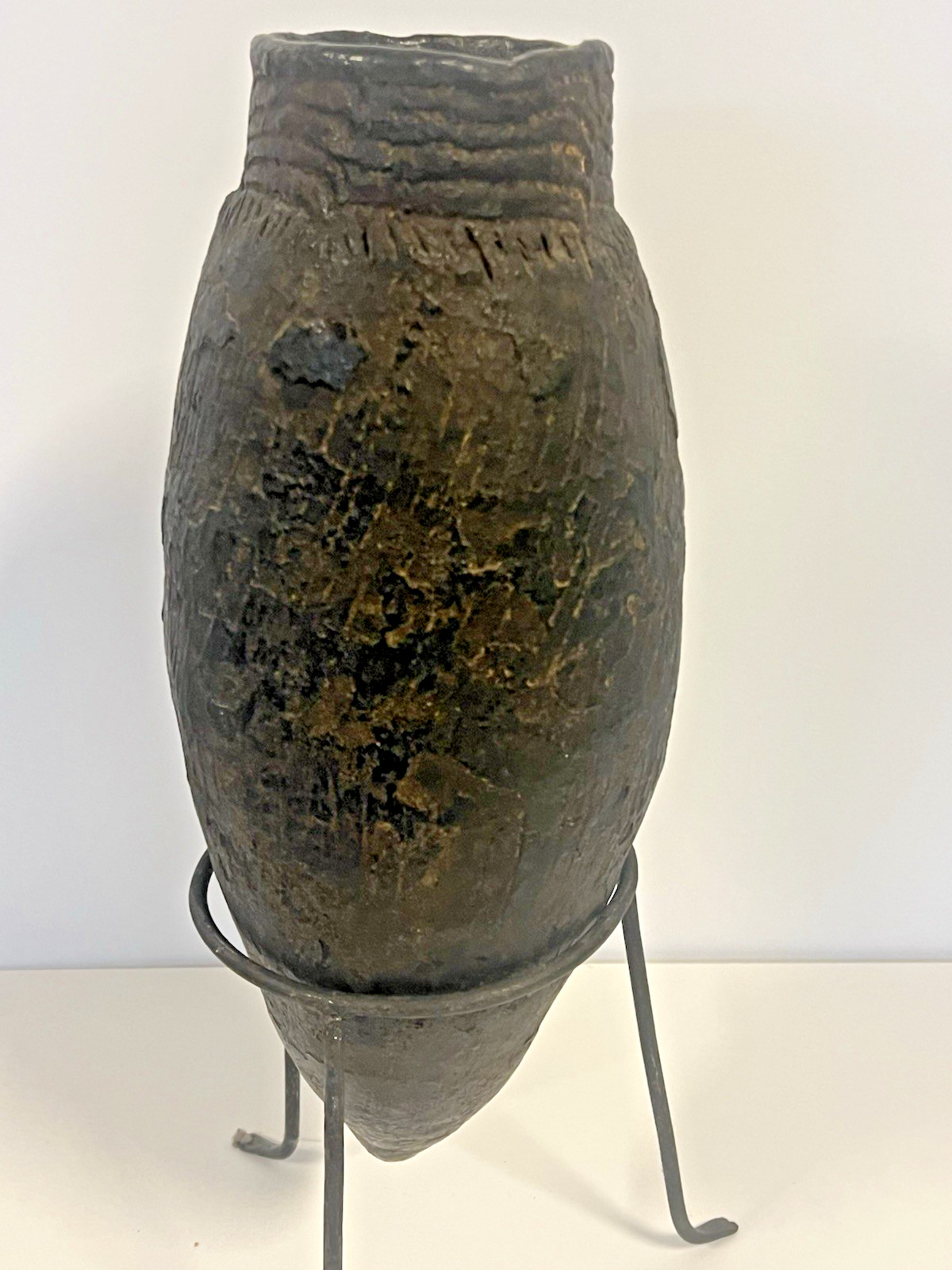 Antique Native American Indian Hand Made Clay Pottery Jug; with Stand