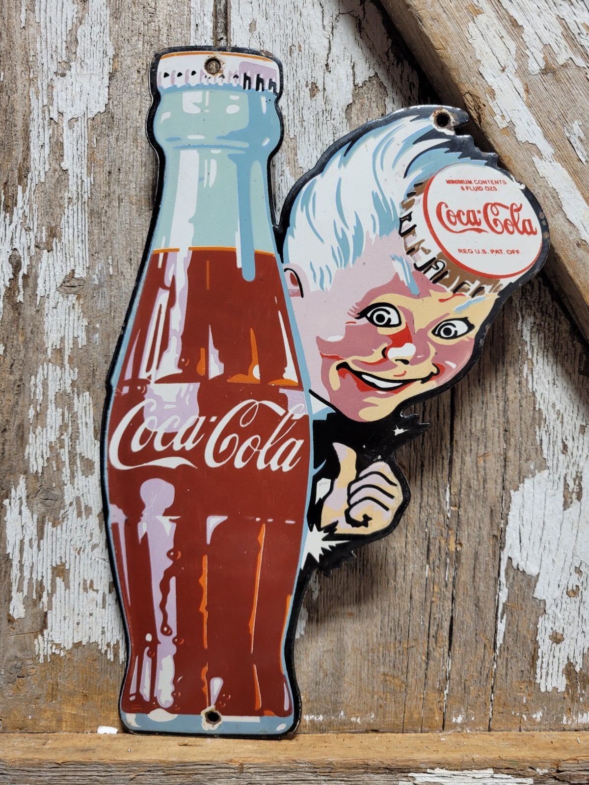 VINTAGE COCA COLA PORCELAIN SIGN BOTTLE CAP BOY SODA COKE BEVERAGE FOOD STORE