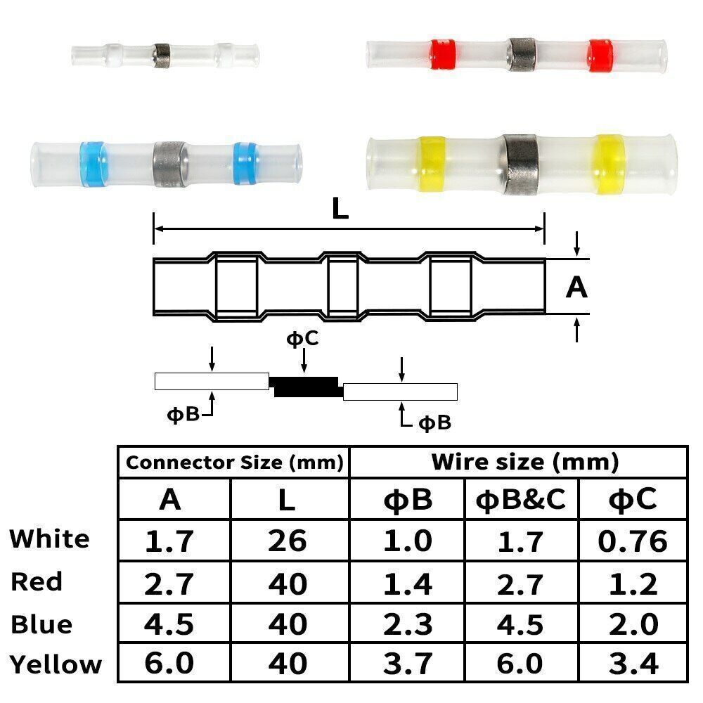 50/1000 Solder Seal Sleeve Heat Shrink Butt Wire Connectors Terminals Waterproof