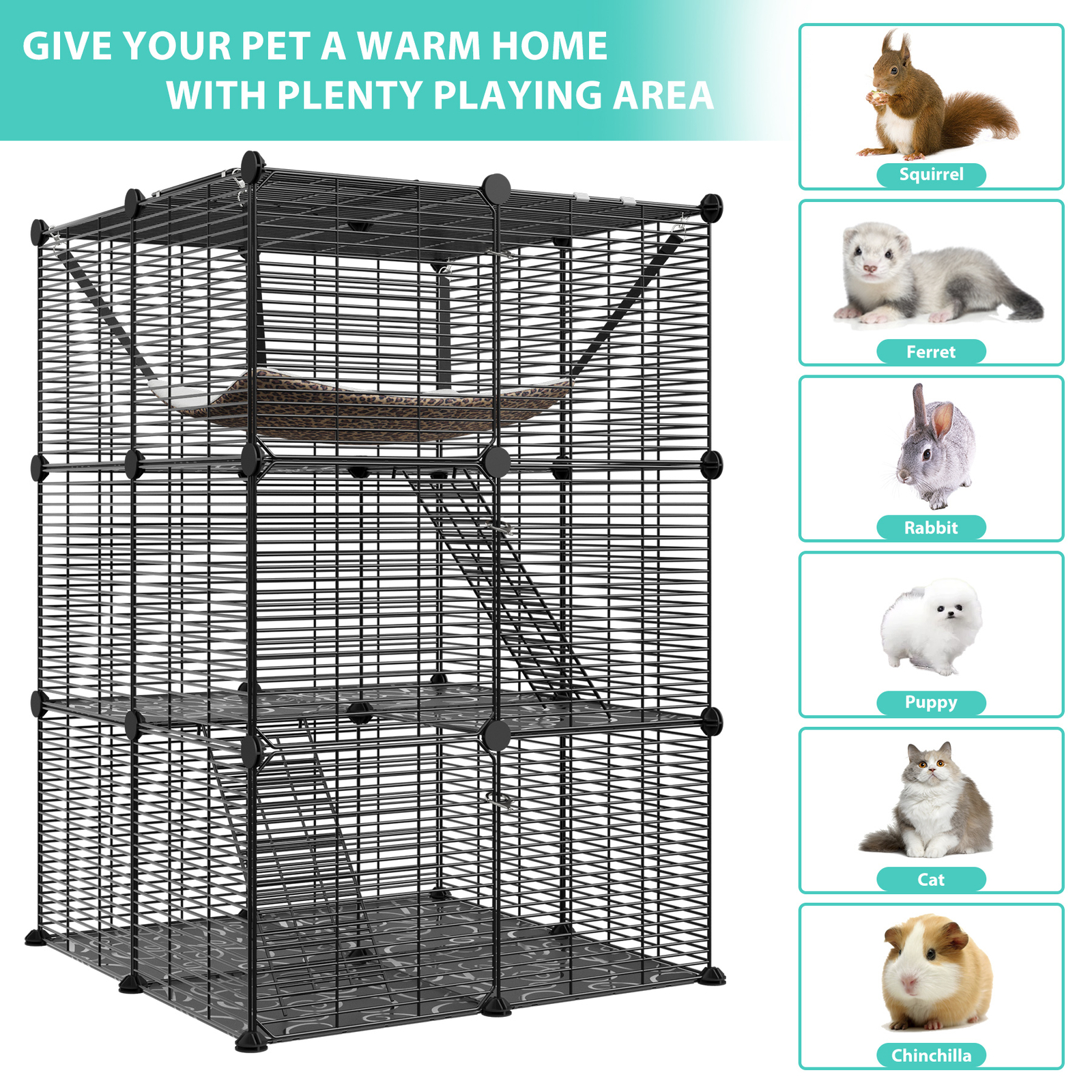 3-Tier Cat Cage Indoor Cat Enclosures DIY Detachable Metal Cat Kennel w/Hammock
