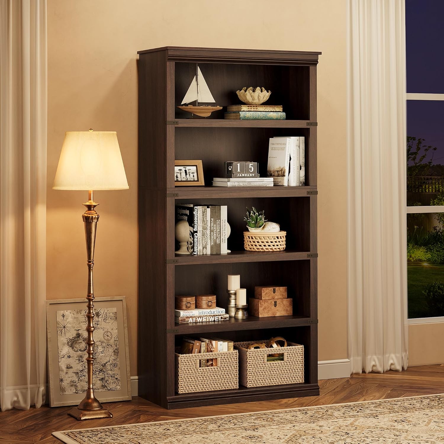 Cherry 5-Tier Wooden Bookcase with Open Display Shelves for Home Office