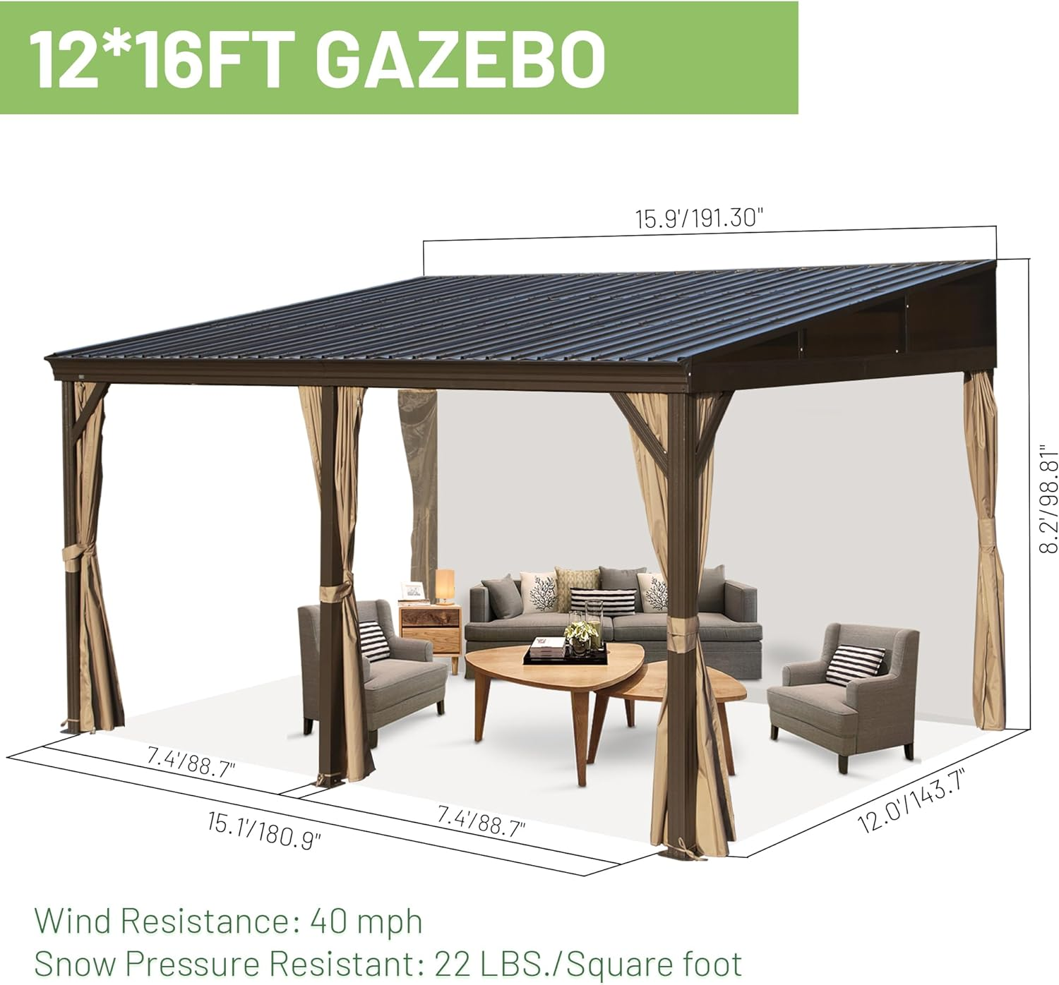 Domi 12x16FT Hardtop Gazebo Against Wall with Steel Roof