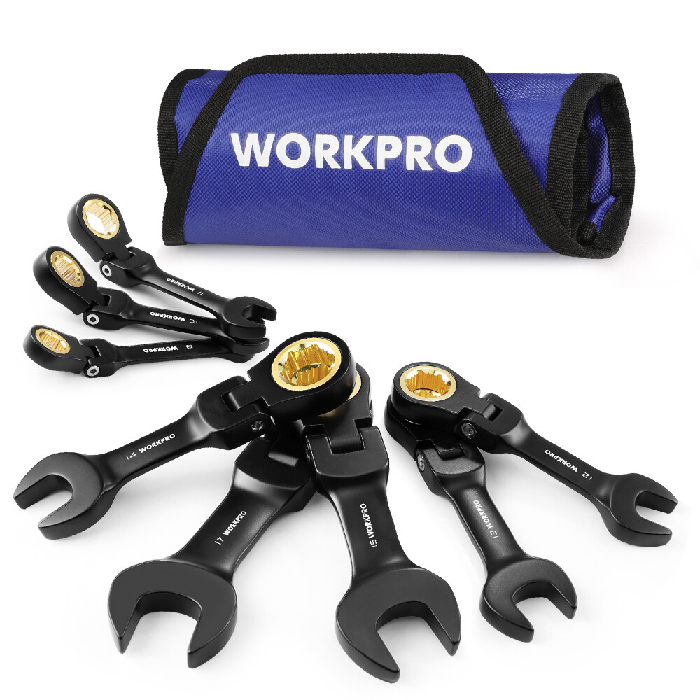WORKPRO 8-Piece Stubby Anti-slip Ratcheting Combination Wrench Set 8-17mm Metric
