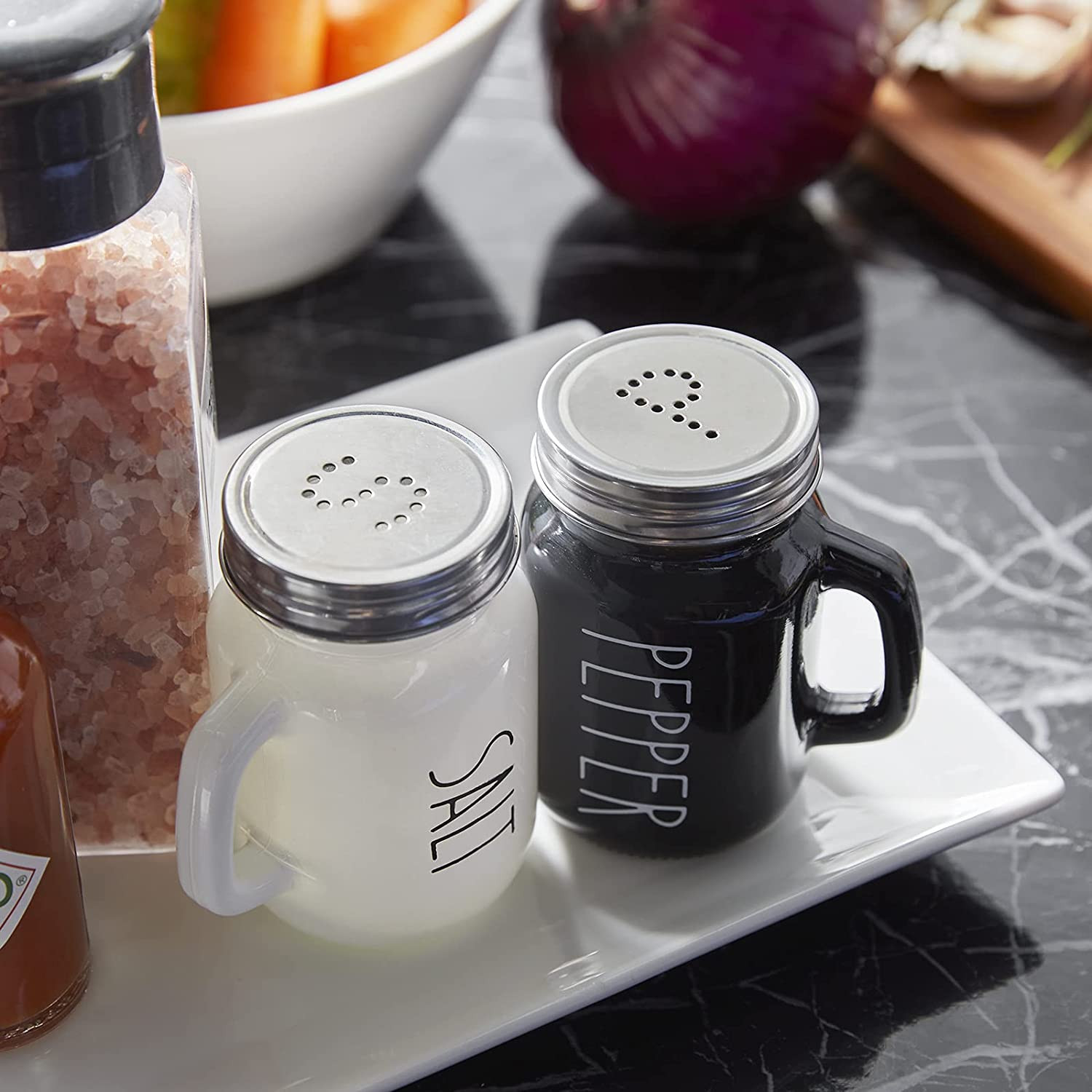 Salt and Pepper Shakers Set, 4 Oz Cute Glass Black White Sets Stainless Lids