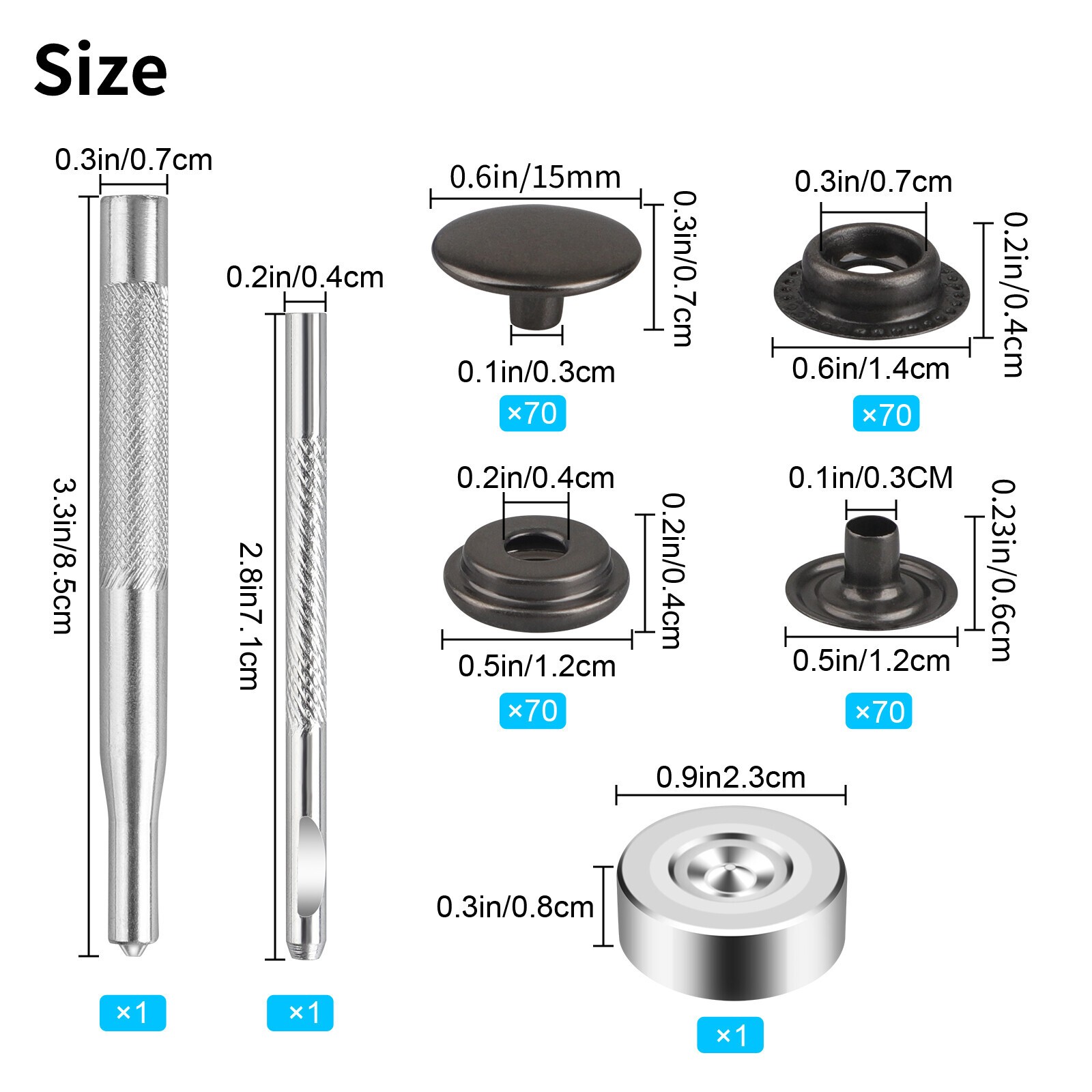 For Leather Craft 70 Sets 15mm 5/8" Heavy Duty Snap Fasteners Kit Metal Button