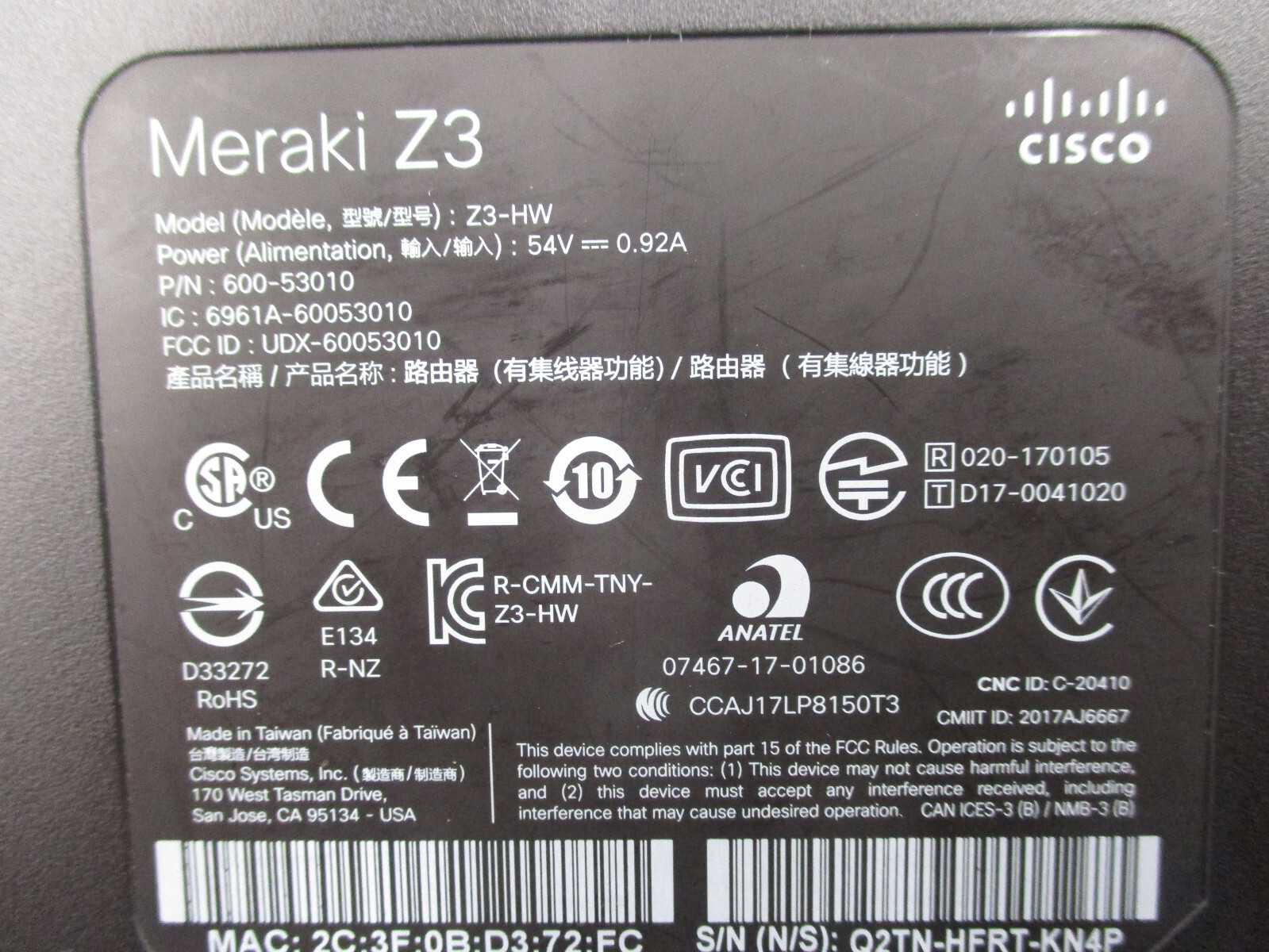 Cisco Meraki Z3-HW Cloud Managed Teleworker Gateway Firewall P/N: 600-53010