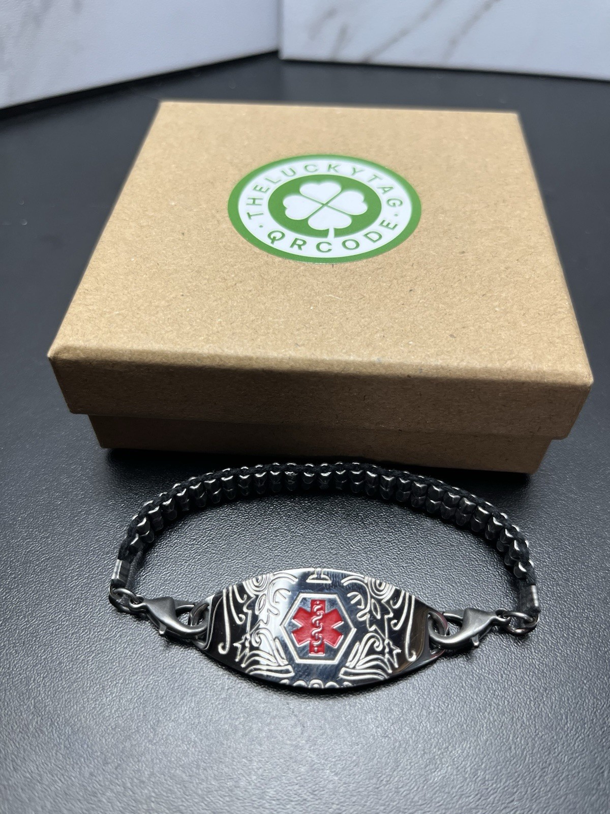 TheLuckyTag QR Code Medical Alert Bracelet Black Stainless NIB