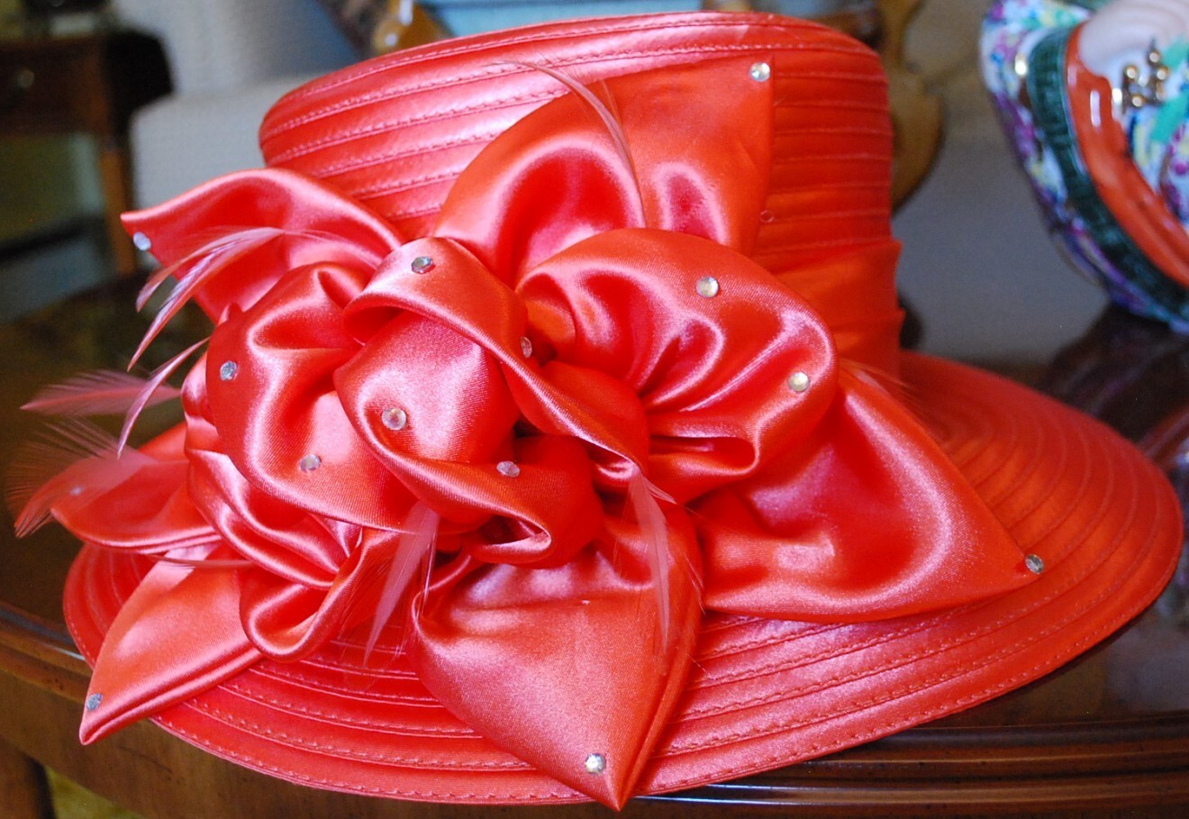Vintage SOPHIA COLLECTION Ladies ORANGE Church Hat w Rhinestones & Feathers