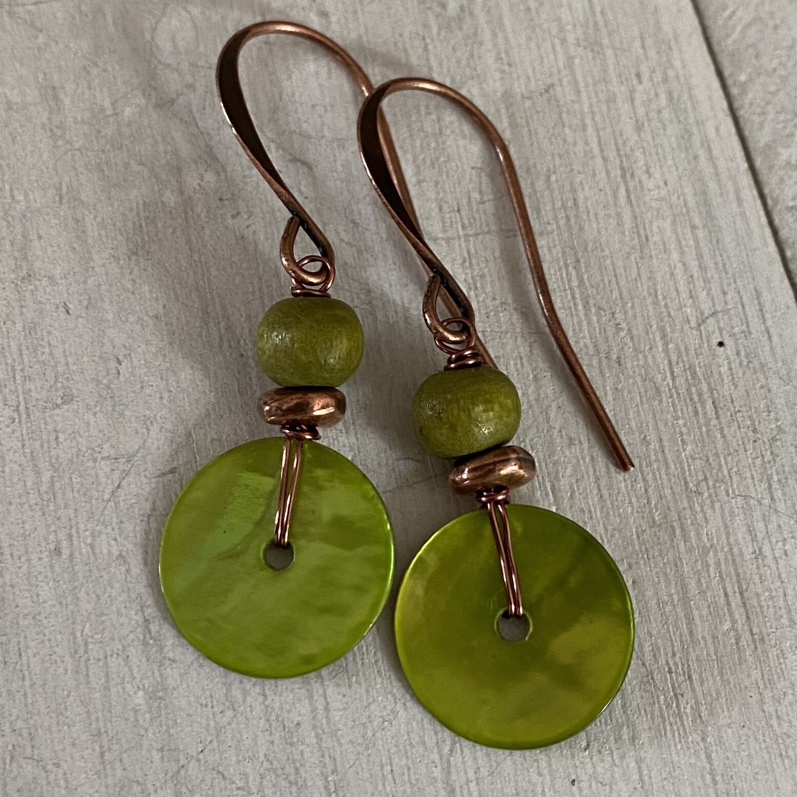 Min Favorit Lime Green MOP Shell, Wood & Antique Copper Artisan Earrings