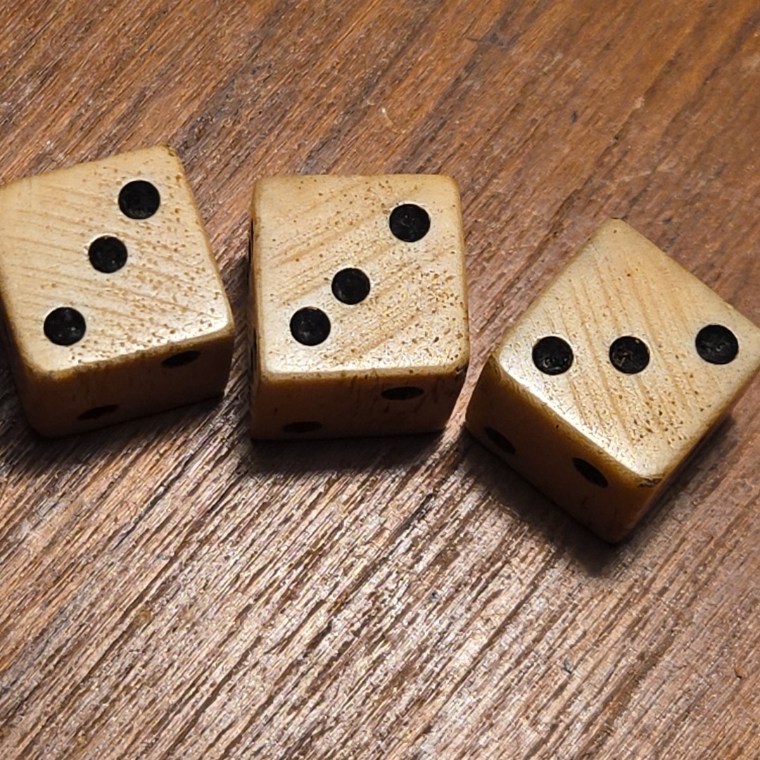 1765 Stamp Act taxed cattle bovine dice with black pips 3 Dice Vintage Hand Cut