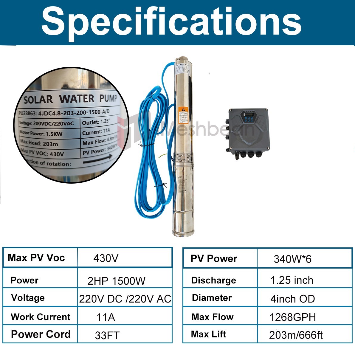 4" AC/DC Solar Powered Bore Well Water Pump 2HP Submersible Hybrid Deep 220V