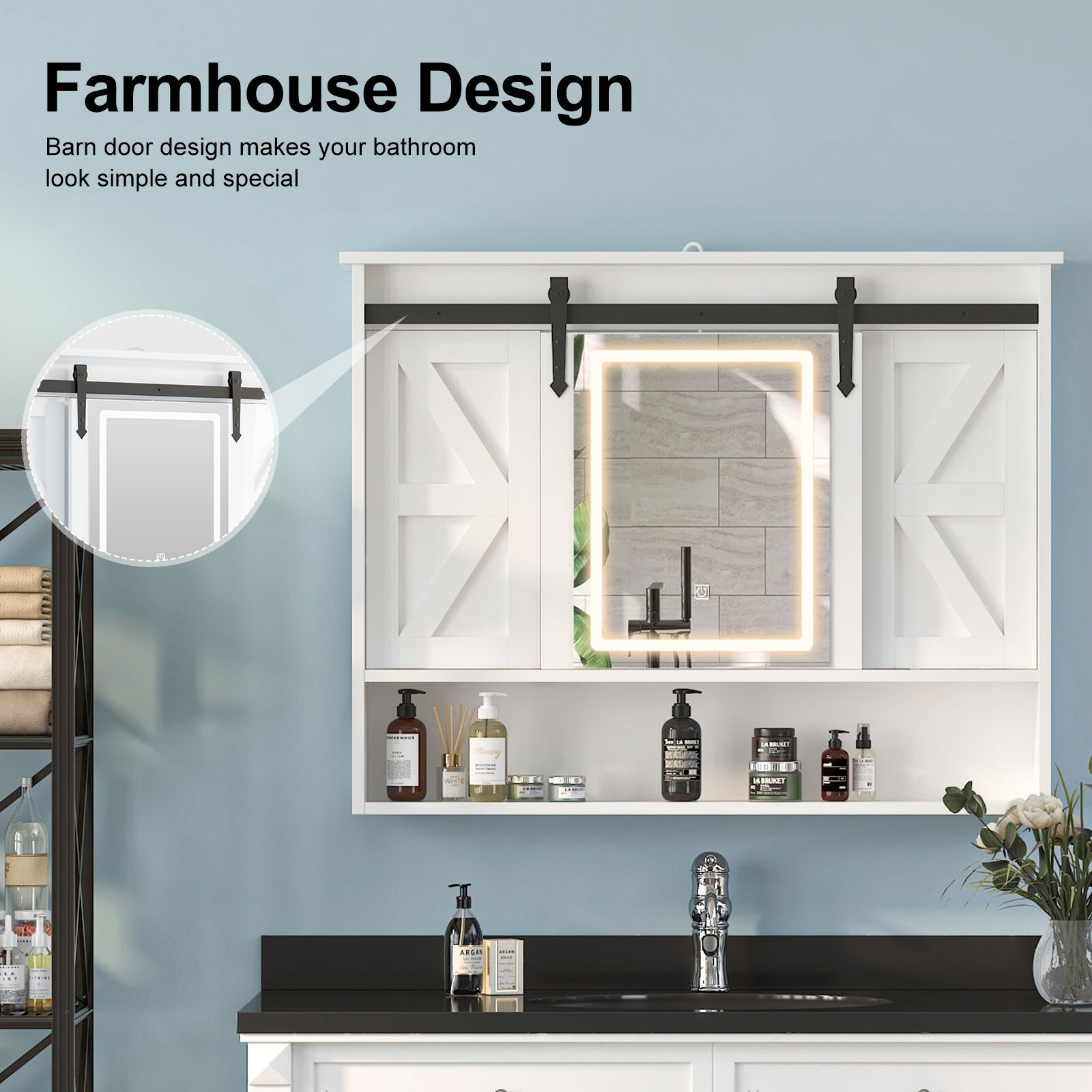 Wall Mounted Bathroom Cabinet Medicine Cabinet Organizer w/ Mirror Door & Lights