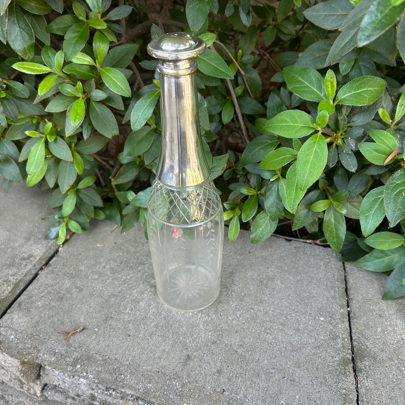 French Vintage Silver and Etched Glass Crystal Cruet Decanter Perfume Bottle