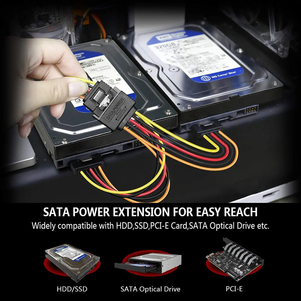 2x SATA Power 15 Pin Y Splitter Cable Adapter Male to Female SSD HDD Hard Drive