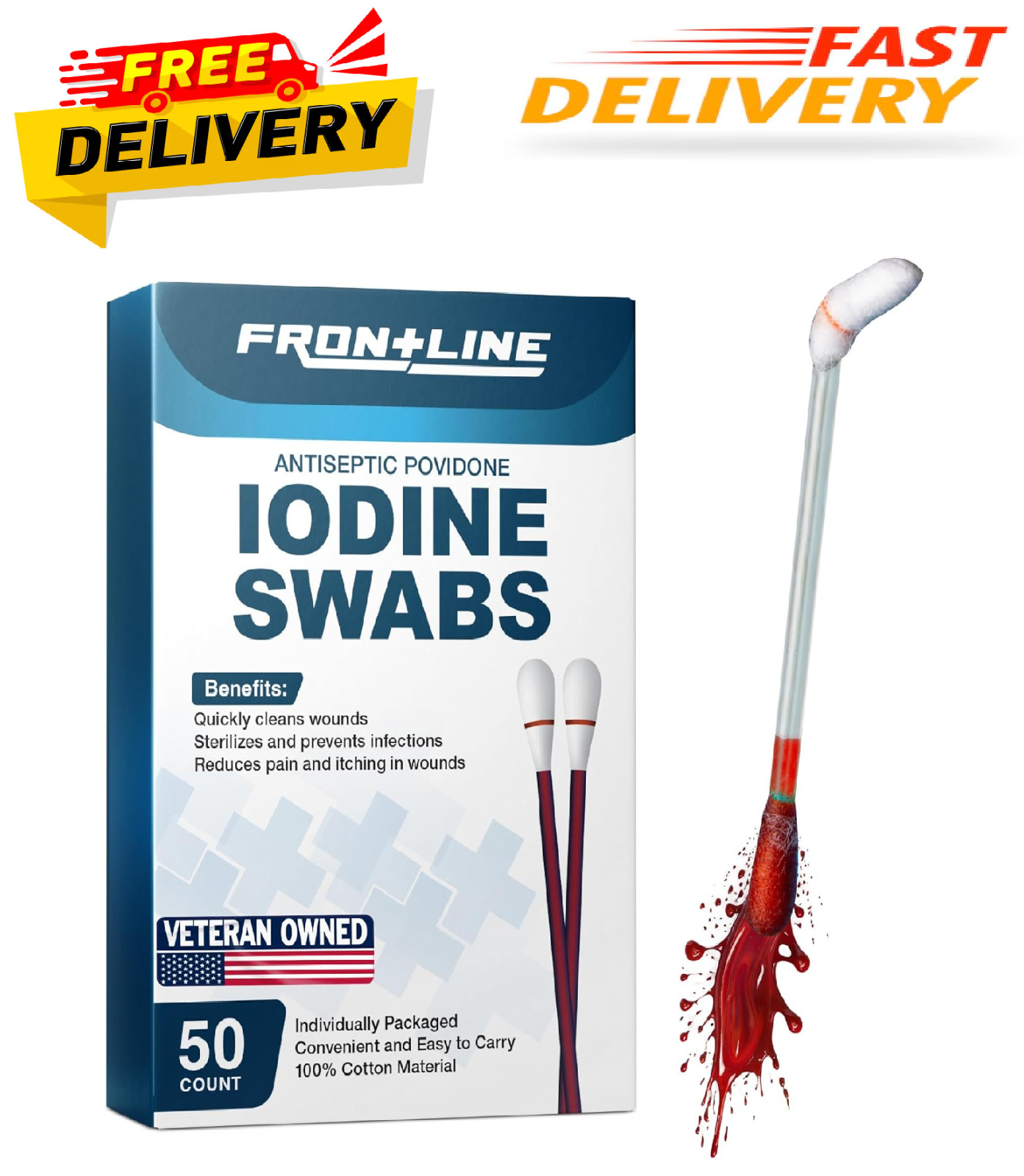 FrontLine Povidone Iodine Swabs, Antiseptic Swabsticks, Iodine SolutionBox of 50