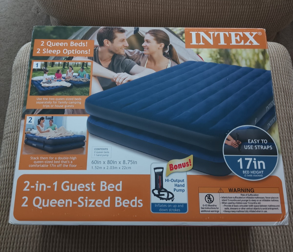 Intex 2 in 1 Guest Bed 2 Queen Sized Air Mattress Beds w/ Hi Output Hand Pump