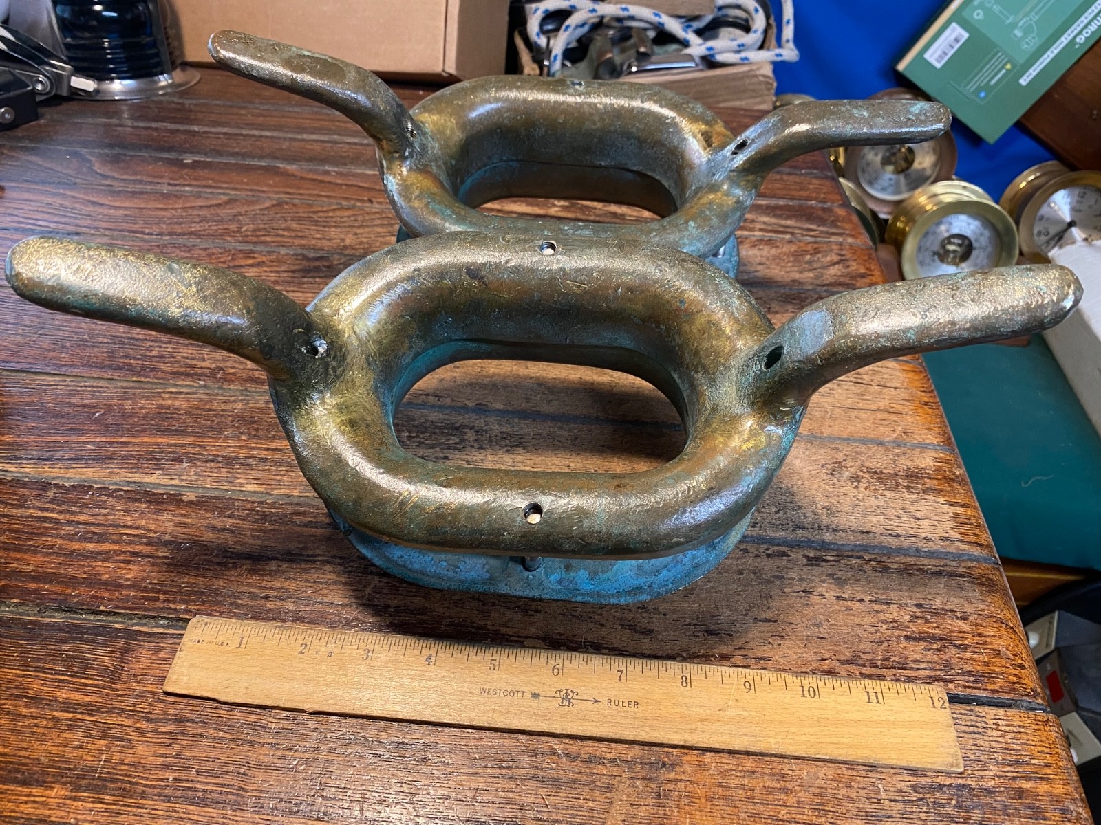 PAIR OF LARGE VINTAGE CAST BRONZE COMBINATION CLEAT/HAWSE HOLES 13" NICE PATINA!