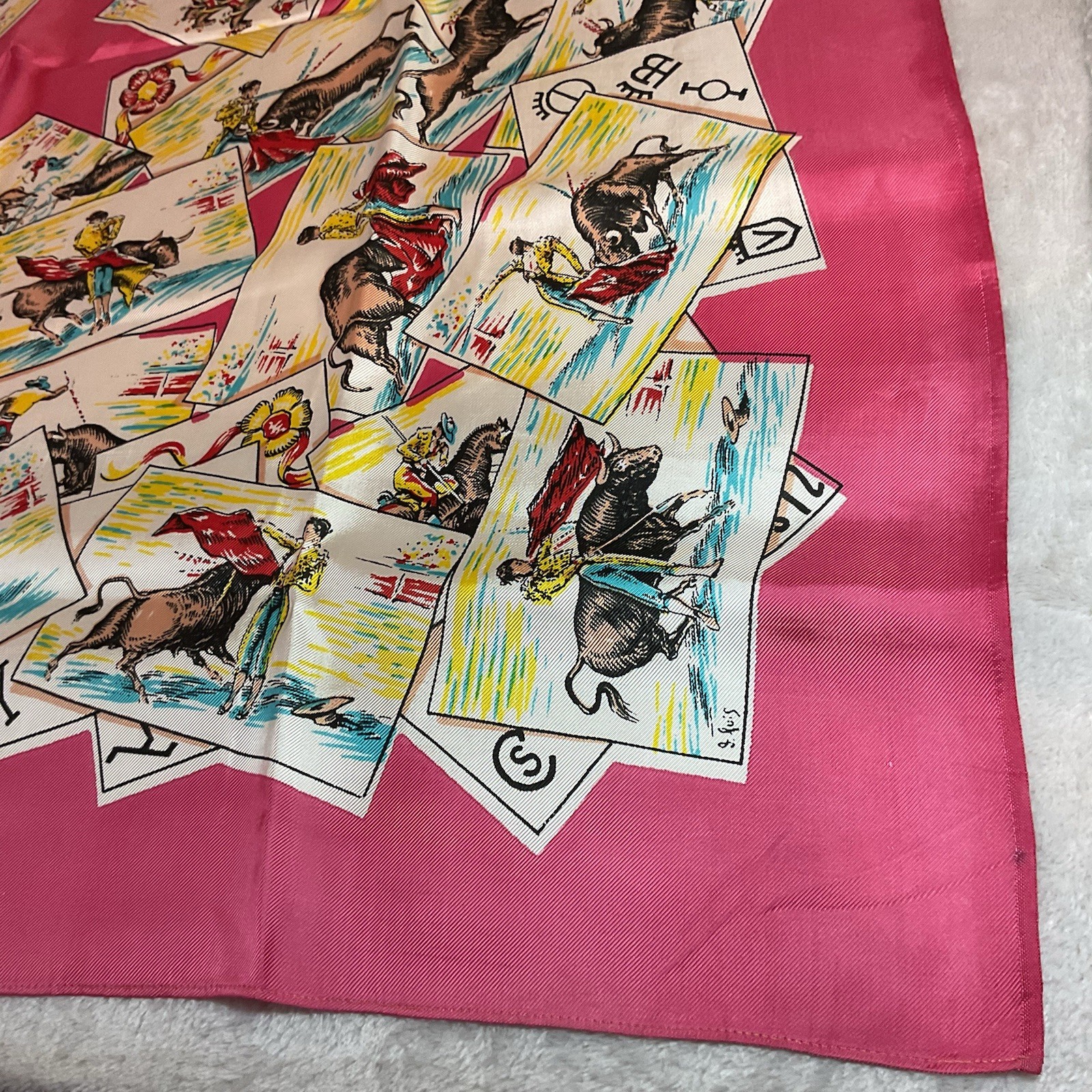 Vintage J Ruiz Scarf Matador Bull Fighter Pink Table or Fashion Large 34 inch Sq
