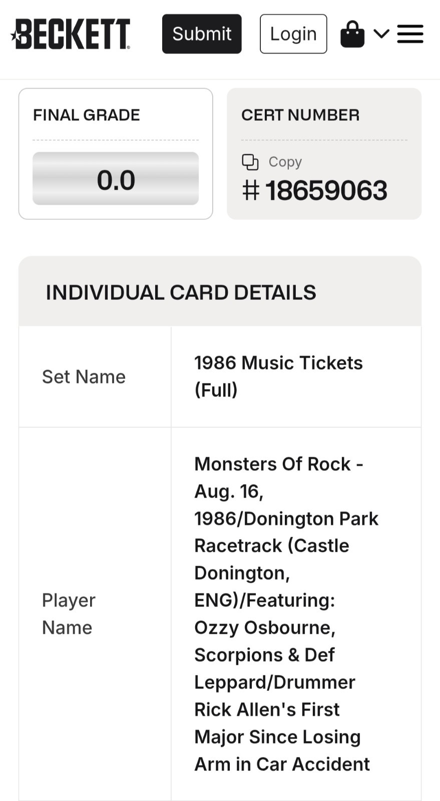 Ozzy Osbourne Monsters Of Rock Concert Ticket Donington Park 8/16/1986 Beckett
