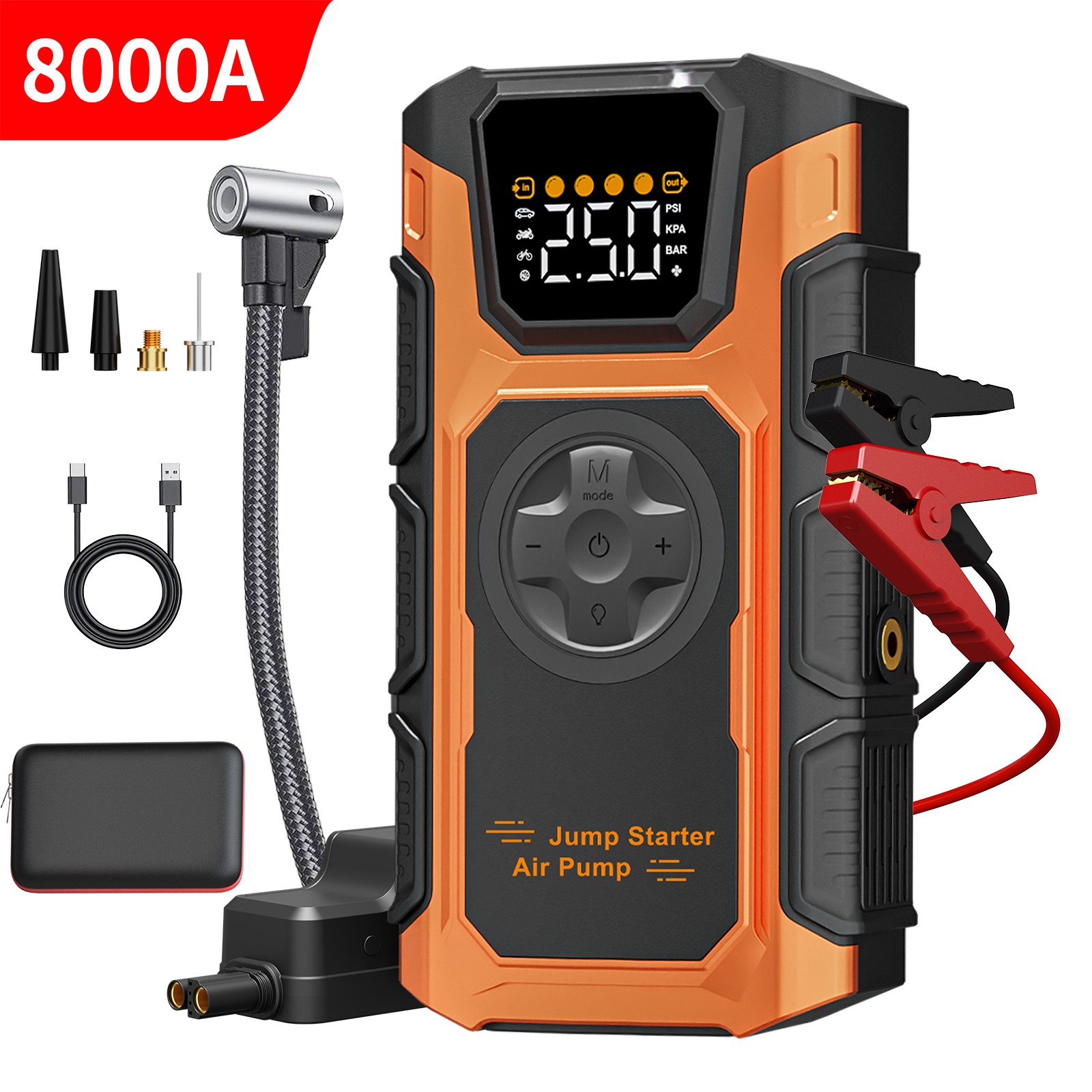 8000A Car Jump Starter With Air Compressor Pack Booster 12V Power Bank With Case