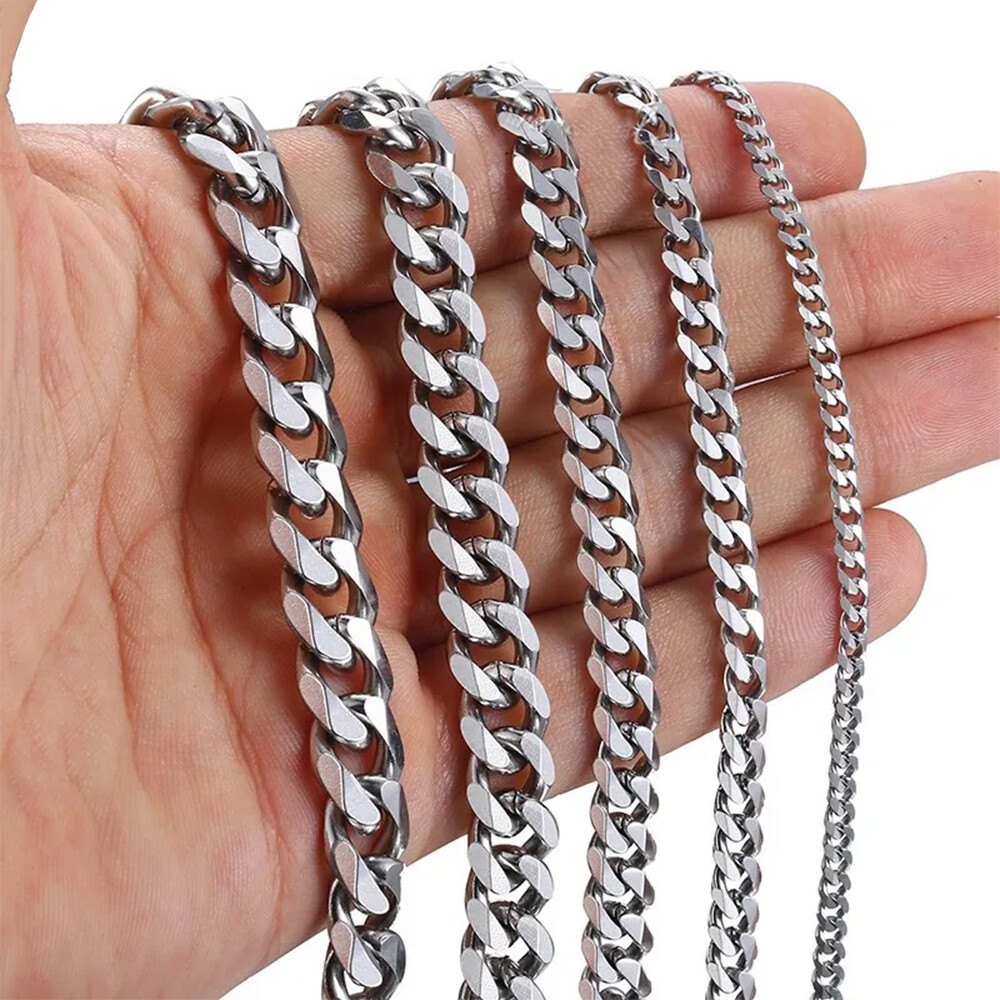 16-30" Stainless Steel Silver Chain Cuban Curb Necklace 3/5/7/9/11mm Womens Mens