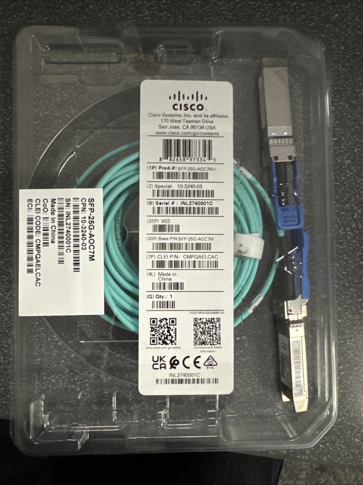 GENUINE CISCO 25G Base Active Optical SFP cable 7M SFP-25G-AOC7M NEW SHIPS FREE!