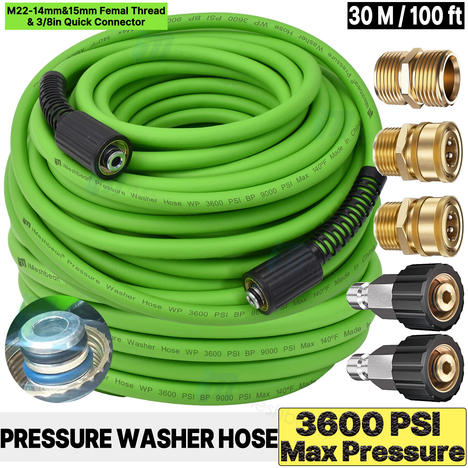 Super Flexible Pressure Washer Hose 25-100' 3600 PSI M22-14&15mm, or 3/8" QC