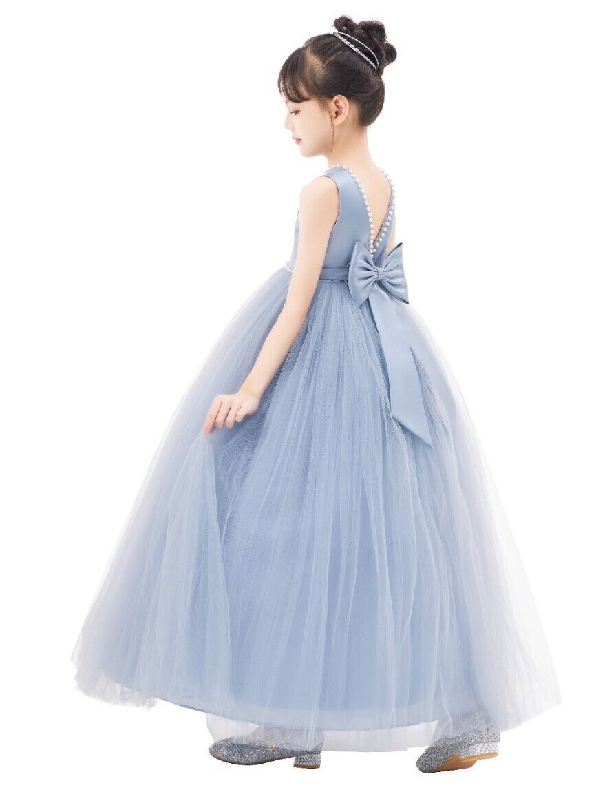 V-Back Satin Flower Girl Dress with Pearl Beaded Trim Baptism Dress Ball Gown