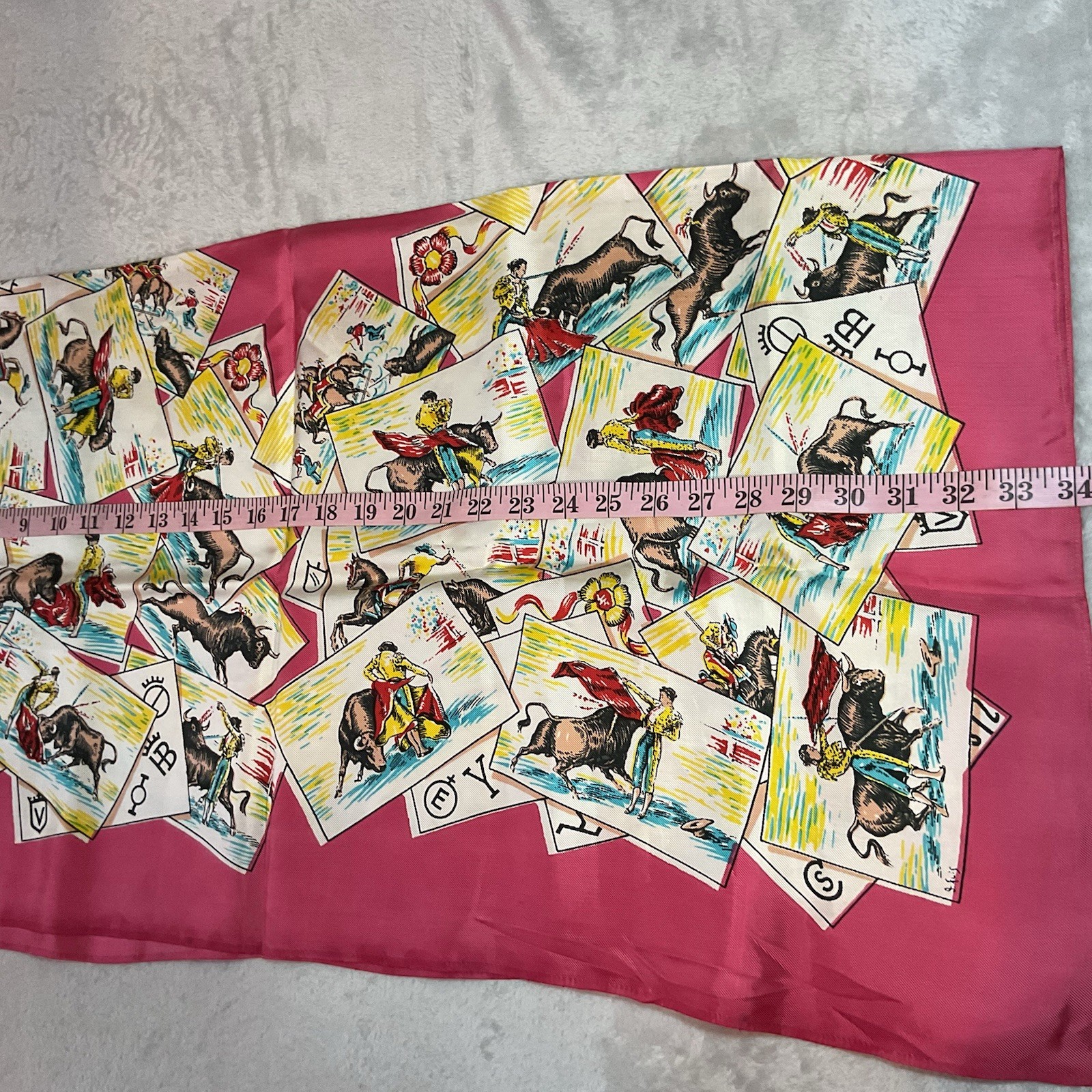 Vintage J Ruiz Scarf Matador Bull Fighter Pink Table or Fashion Large 34 inch Sq