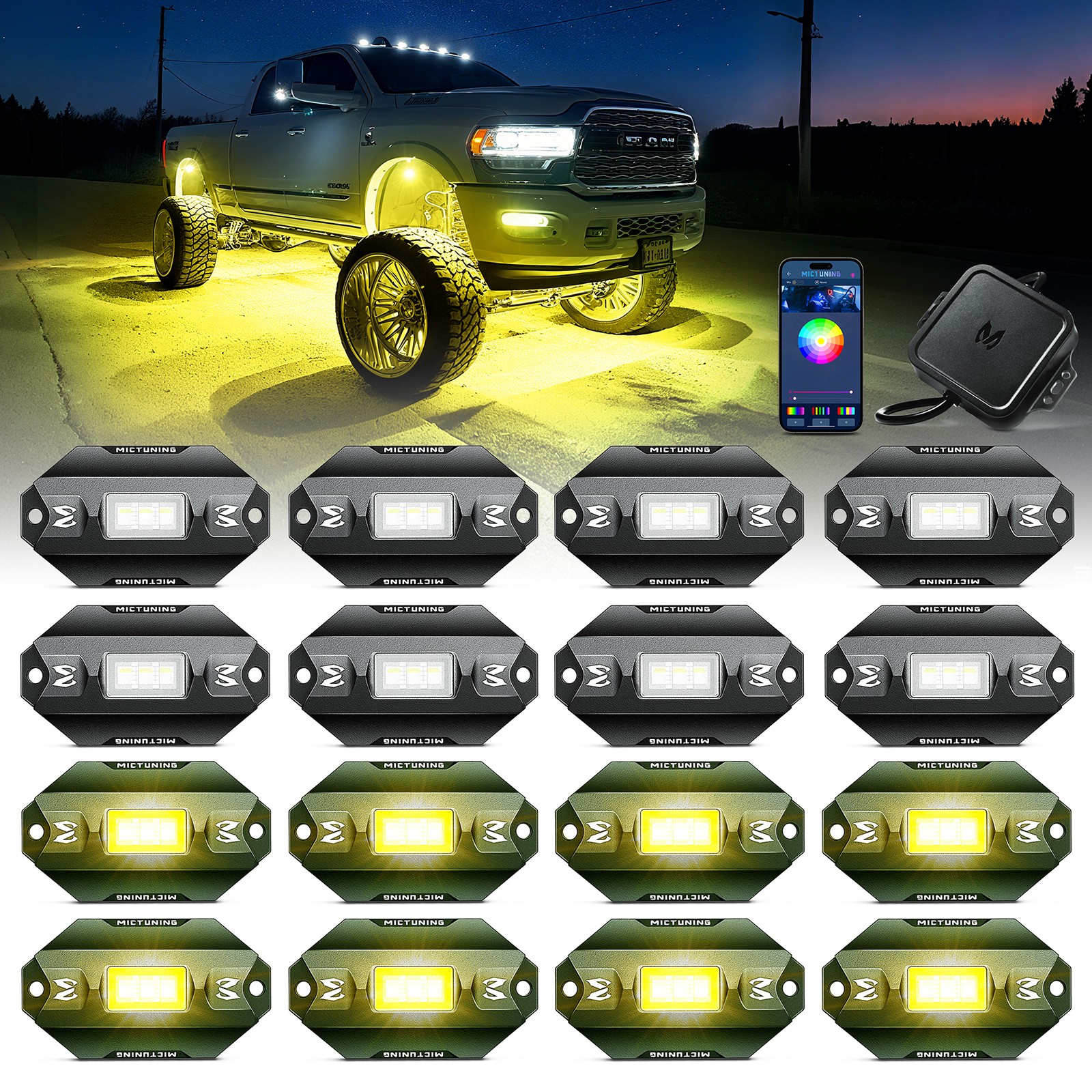 MICTUNING 16 Pods RGBW LED Rock Lights Kits, Underglow Neon Lights for Car Truck