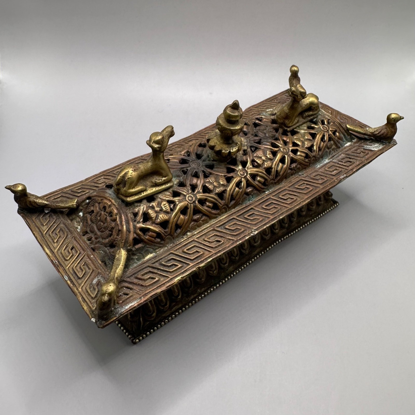 Nepal Tibetan Buddhist Incense Burner Brass & Copper Animal Finials Birds Motifs