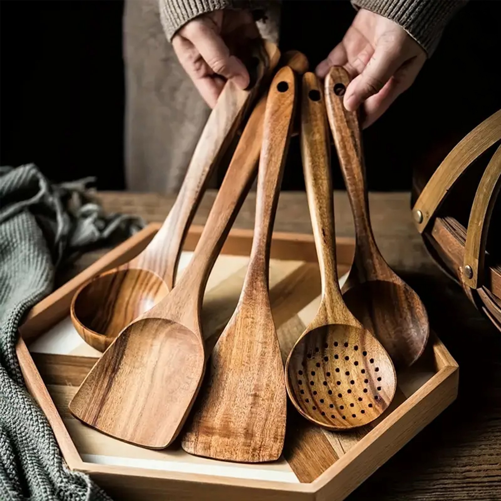 Wooden Kitchen Utensil Set - Natural Cooking Tools for Stirring & Serving