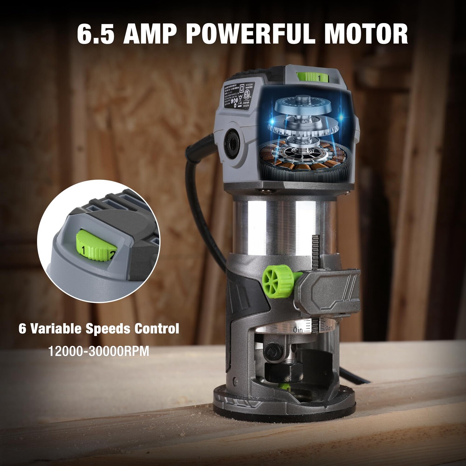 WORKPRO Compact Router Kit 6.5Amp Corded Router Tool 6 Variable Speeds 30000 RPM