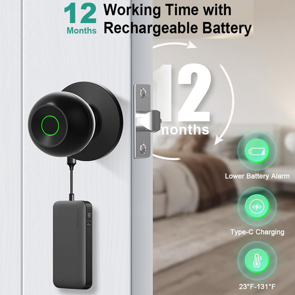 Smart Door Knob Fingerprint Door Lock Biometric Door Lock with Key & App Control