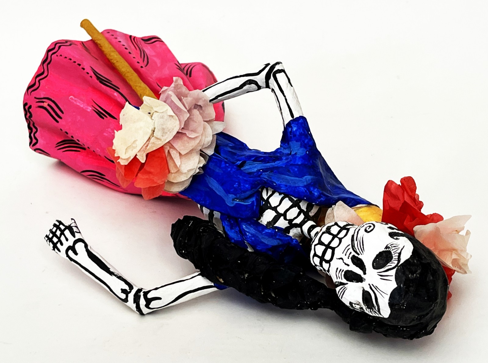 2 1970s SIGNED LINARES MEXICAN CARTONERIA PAPER MACHE SKELETON CATRINA SCULPTURE
