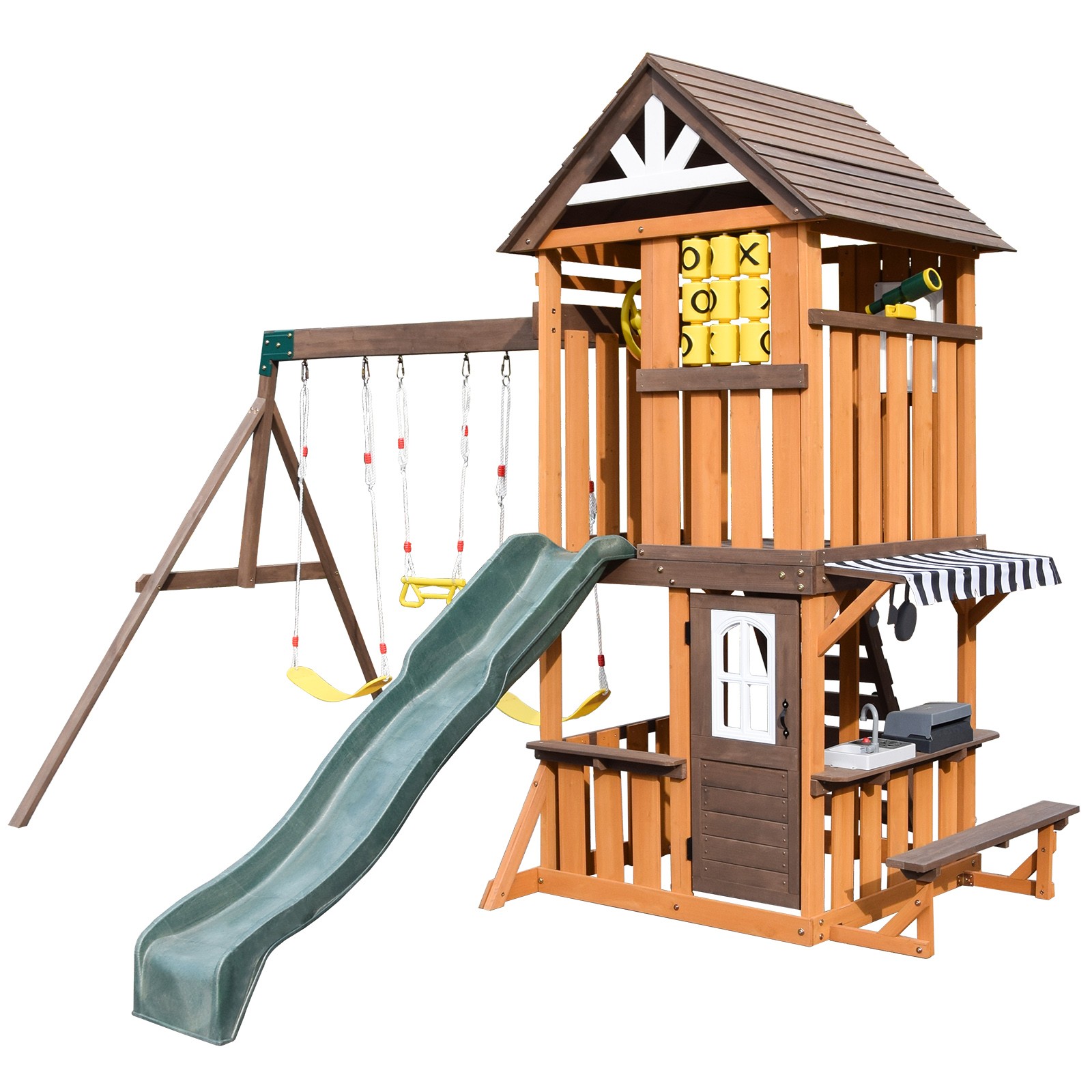 Large Wooden Kids Swing Slide Set Playhouse Kitchen,Rock Wall Outdoor Playground