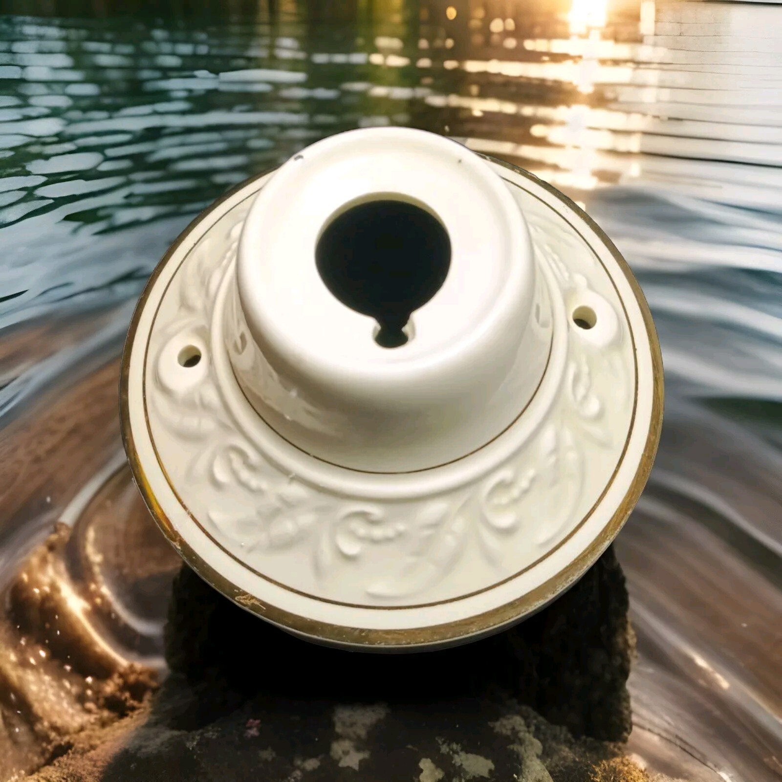 Porcelier Ceramic Ceiling Light Fixture Off White And Gold 5.5"W x 3"H