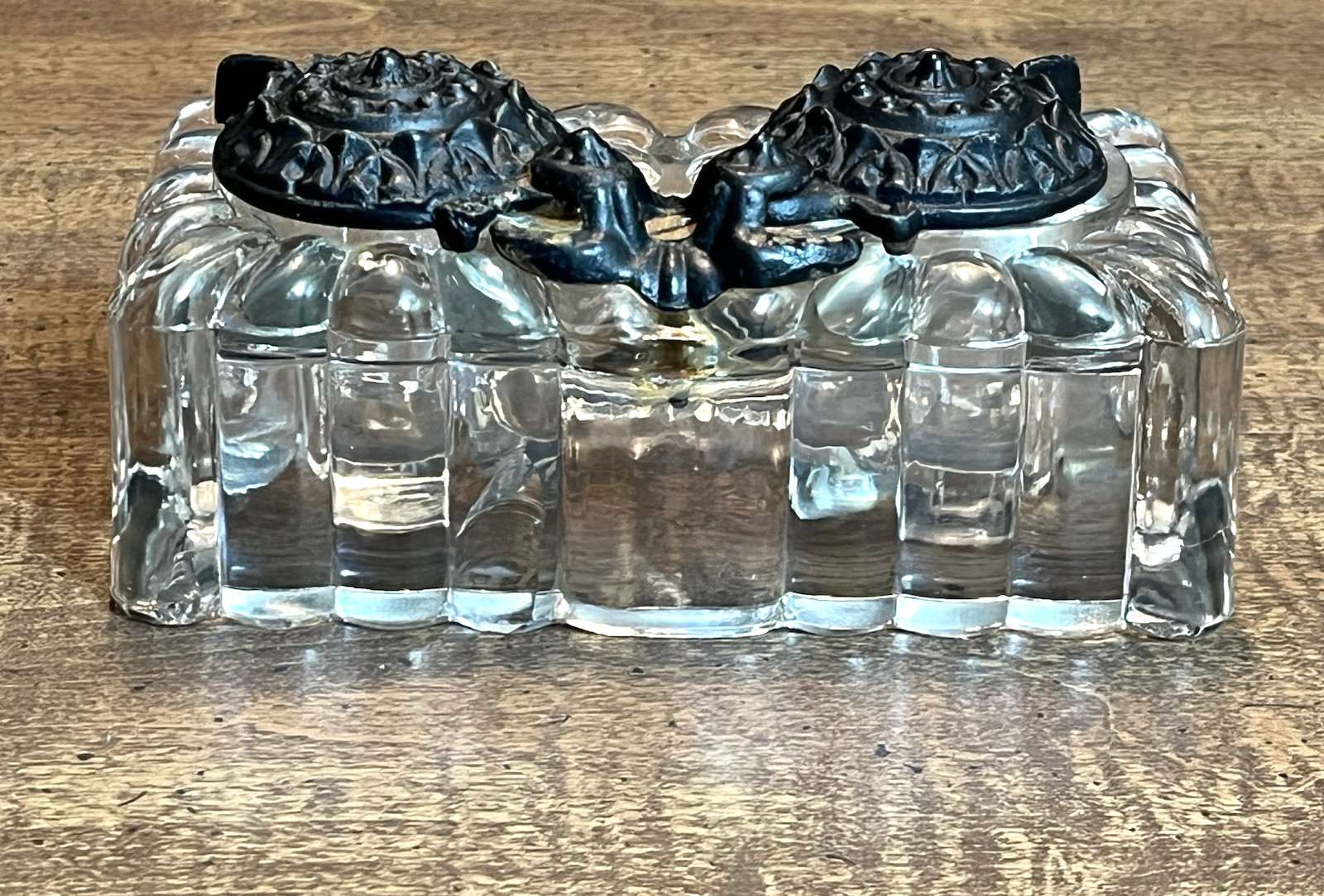Antique "Tatum" Double Inkwell Pressed Glass w/Cast Iron Swivel Lids 1878-1900