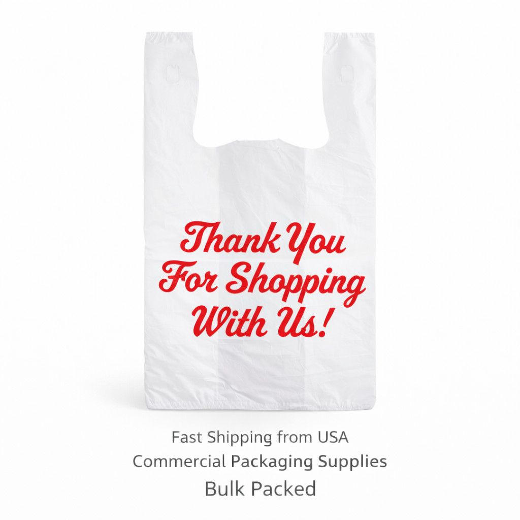 1/5 Large Thank You T-Shirt Plastic Bags 23x13x8 in 0.67 Mil Grocery Carryout