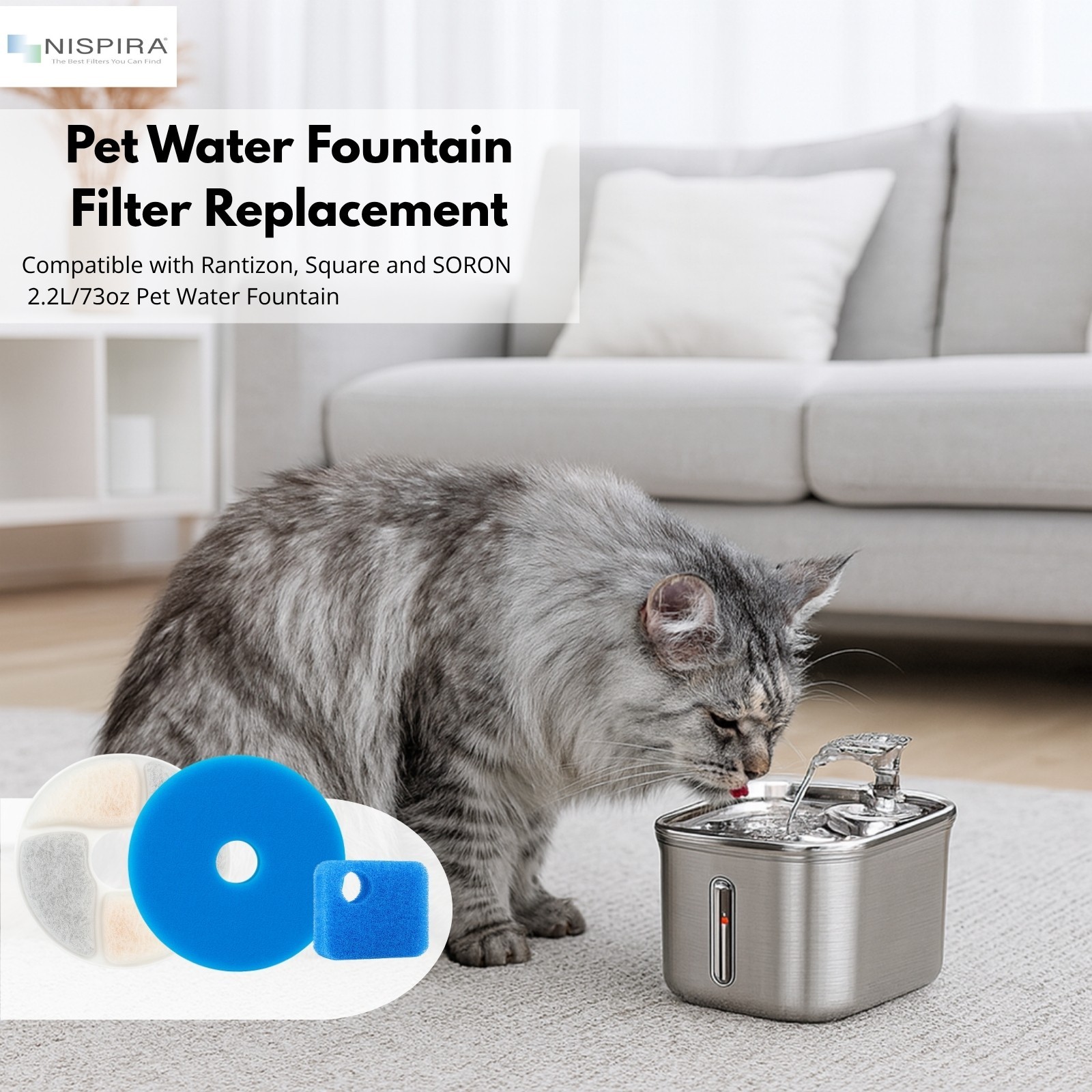 Nispira Cat Fountain Filter Replacement for Rantizon SORON 2.2L Stainless, 12 Pk