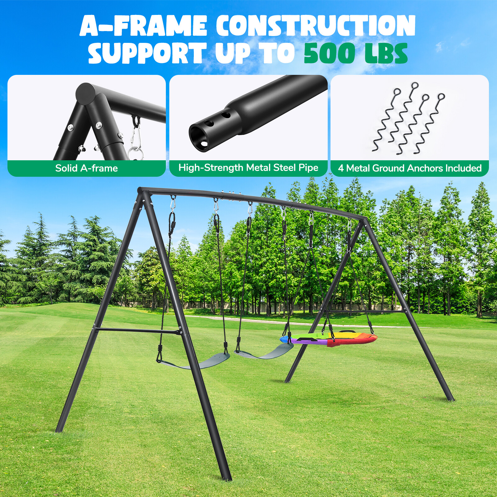 600lb Metal Swing Set Heavy Duty Frame Kids Adult Backyard Playset with 3 Swings