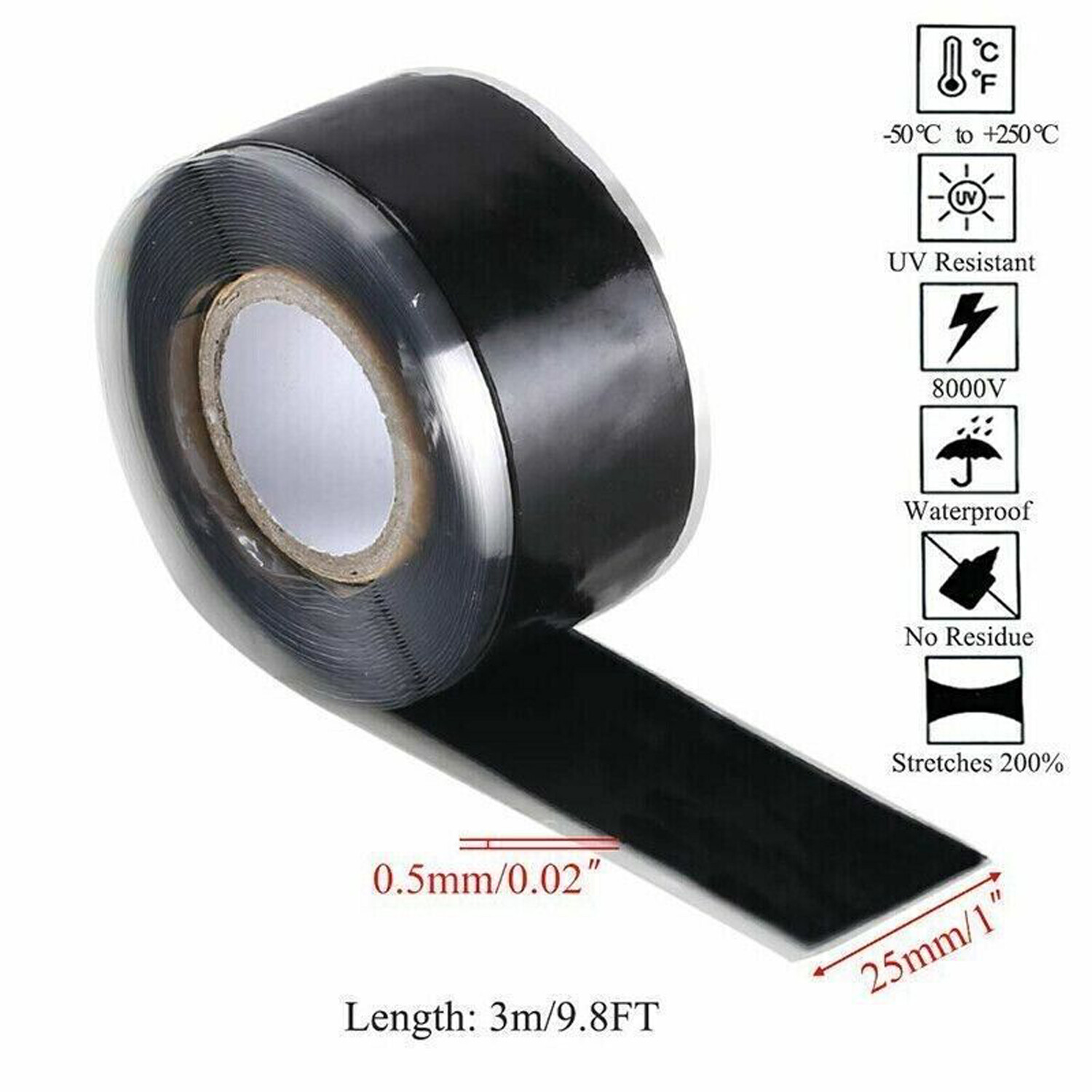2pcs Black Rubber Silicone Repair Waterproof Adhesive Tape Rescue Self Fusing