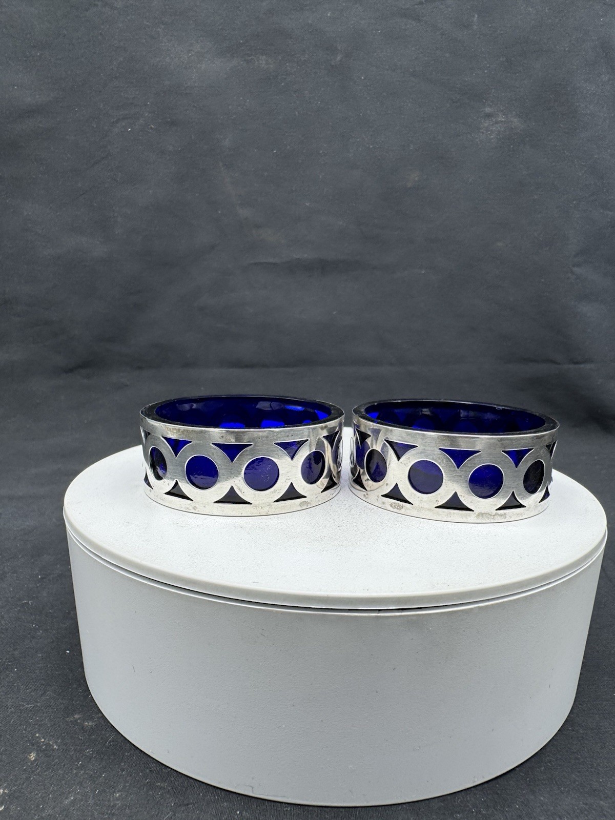 Pair of Vintage Sterling Silver Cobalt Glass Salt Cellars