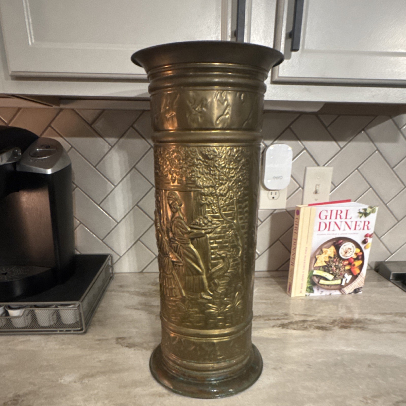 Antique Vintage Brass Embossed Figural Umbrella Stand