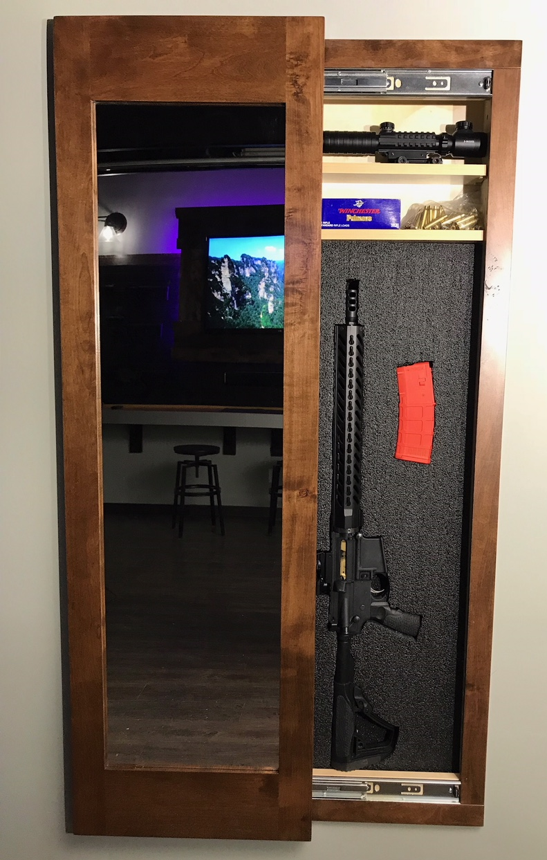 Hidden storage mirror, In-wall gun safe concealment cabinet - American Walnut