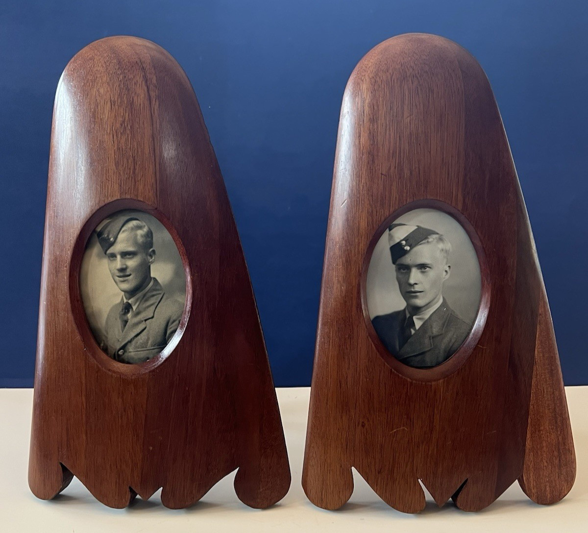 Pair of Antique WWI Photo Frames of Soldier Made From Airplane Propellars