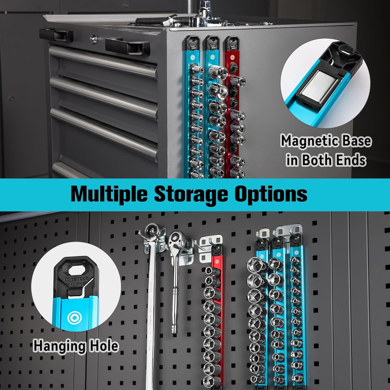 DURATECH 6PCS Magnetic Socket Organizers Set 1/4" 3/8" 1/2" Aluminum Rail Holder